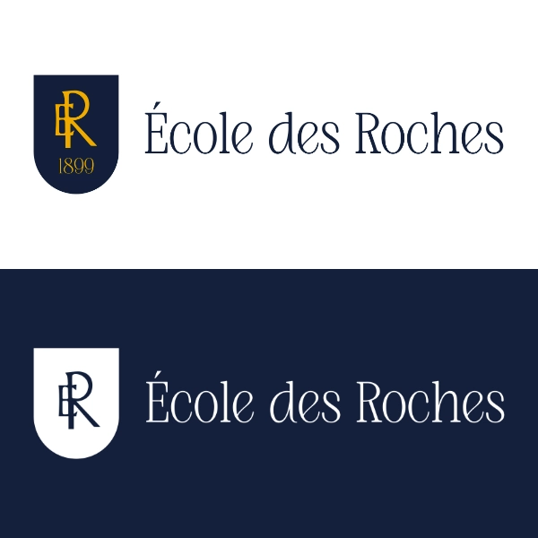 Logo actuel de l'École des Roches : Les lettres E et R entremêlées dans un blason avec le texte 1899, le titre École des Roches sur la droite